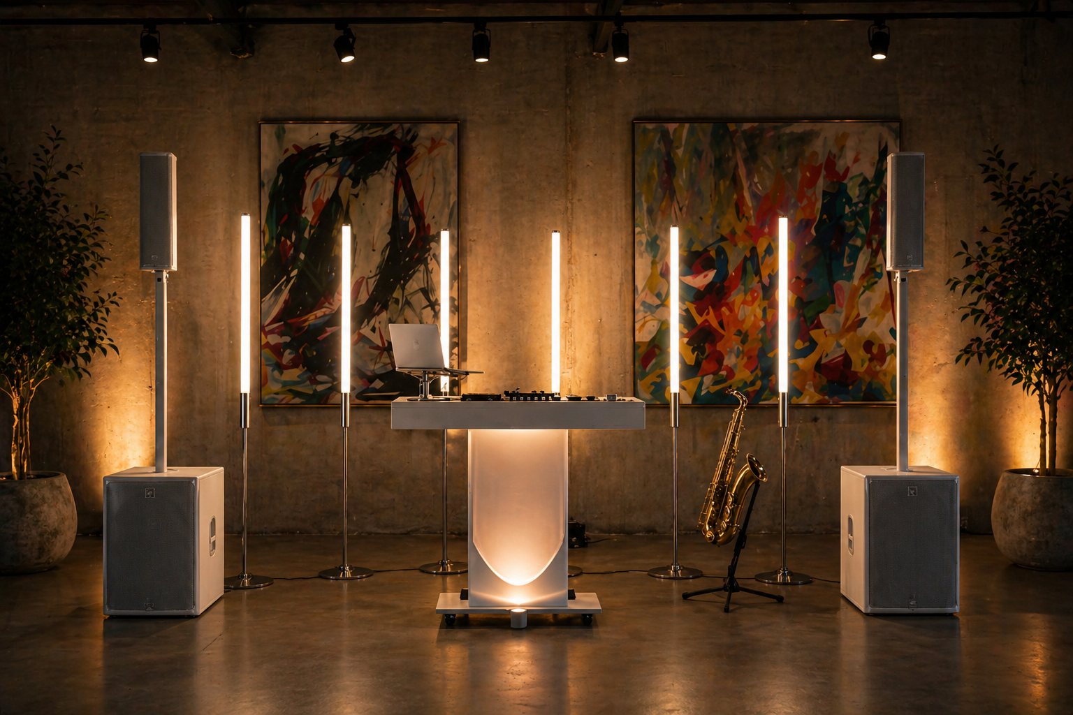 Knox Signature DJ and saxophone duo stage setup for non-wedding private events